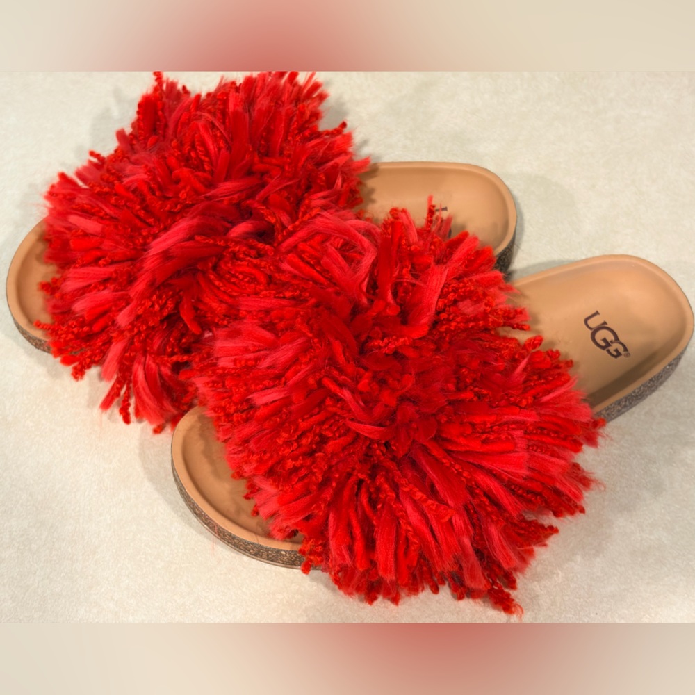 UGG Cindi Yarn Red Fuzzy Slide Sandals with Cork Sole